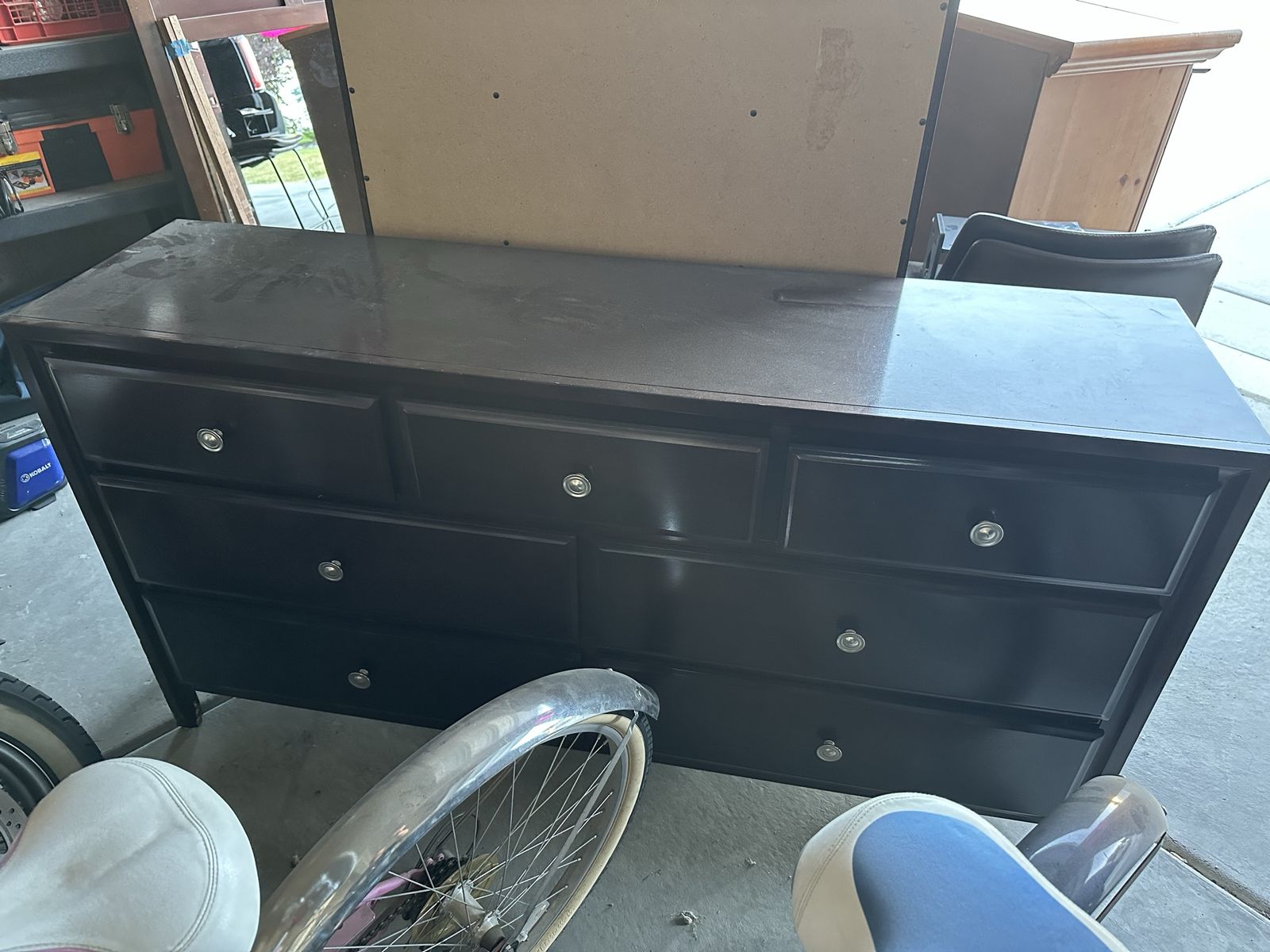 Dark Wood Dresser, 64" 7-Drawer Storage Cabinet - Good Condition, Matching Tall Dresser Available