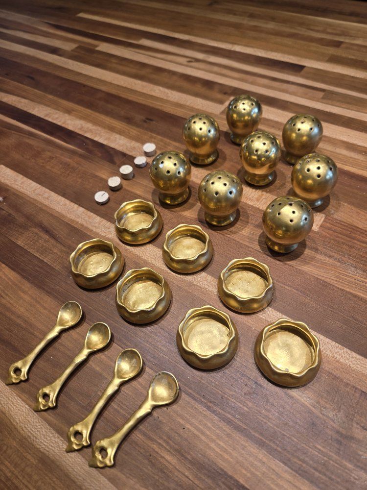 Vintage Royal O&E.G. Bavaria Austria Salt & Pepper Shaker Set with Spoons & Cellars, gold gilded porcelain
