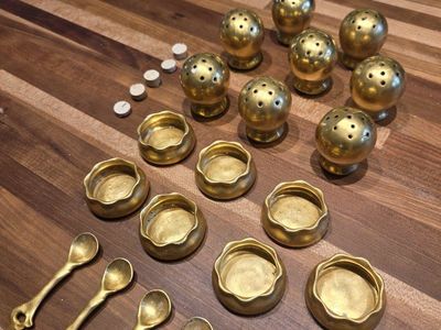 Vintage Royal O&E.G. Bavaria Austria Salt & Pepper Shaker Set with Spoons & Cellars, gold gilded porcelain