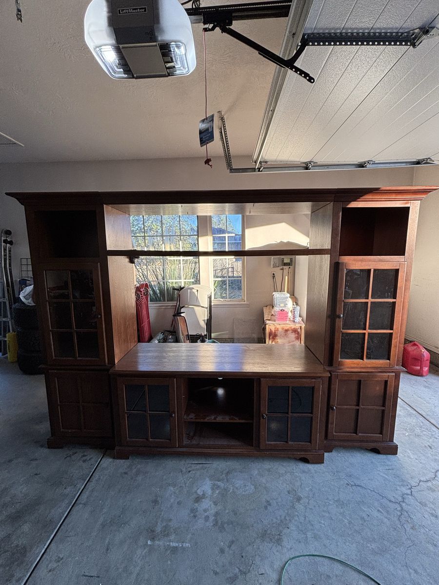 Coaster brand Large Wood Entertainment Center Media Console Wall Unit with Storage Cabinets, Shelves, Lights, display cabinets.