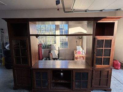 Coaster brand Large Wood Entertainment Center Media Console Wall Unit with Storage Cabinets, Shelves, Lights, display cabinets.