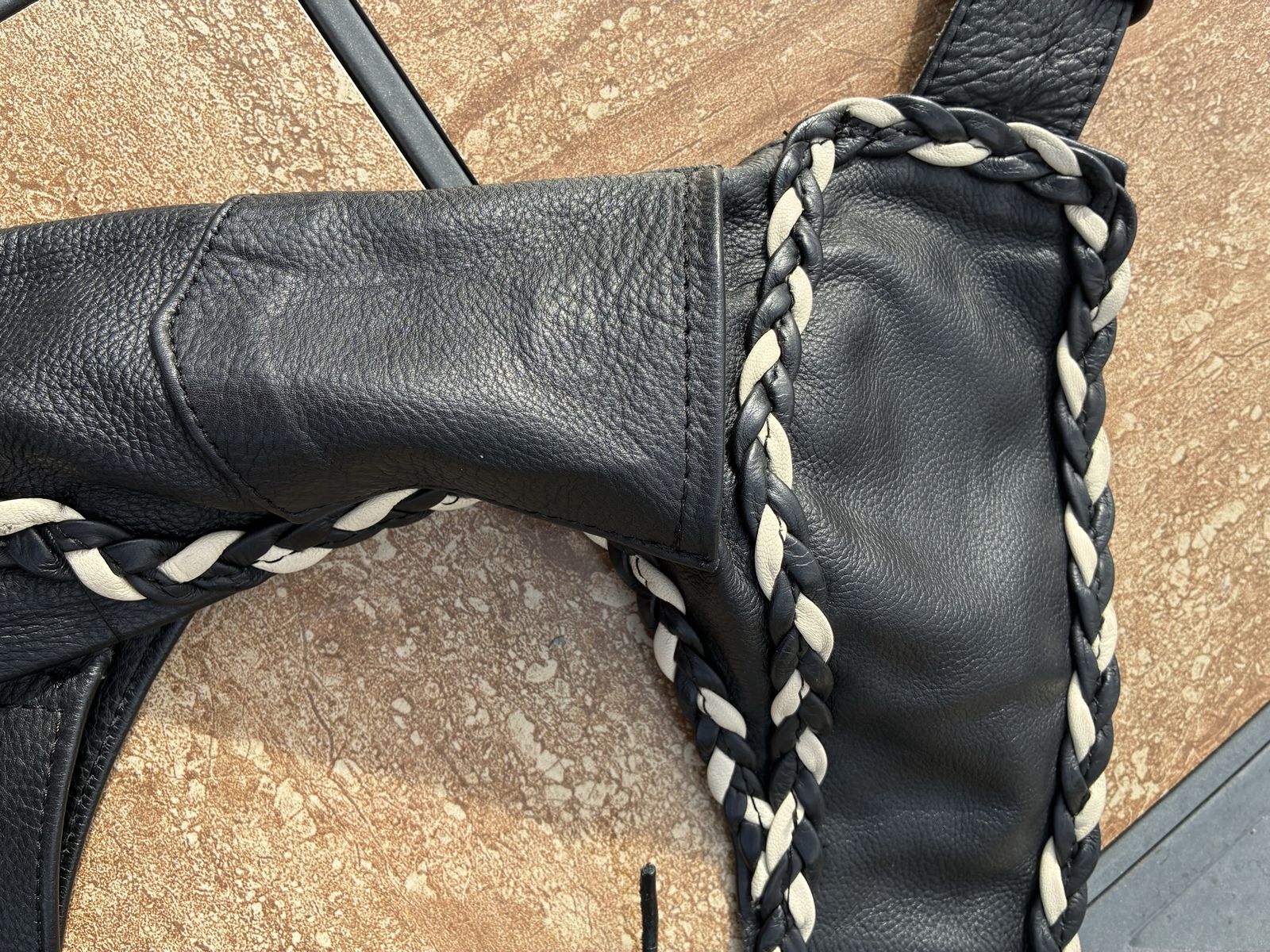 Unik Black and White Braided Leather Motorcycle Chaps Size Small