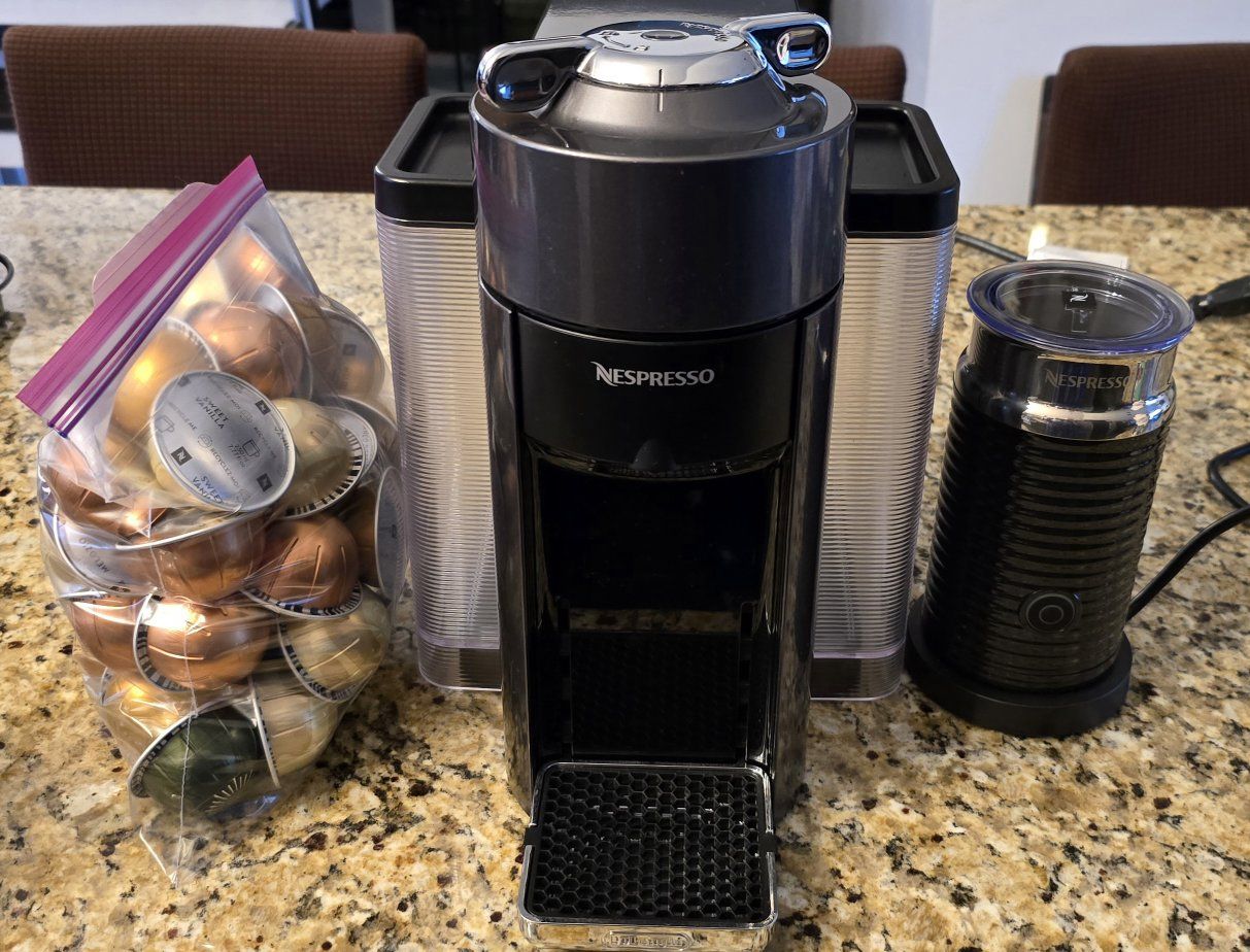 DeLonghi Nespresso ENV135GY VertuoPlus Coffee Maker with Aeroccino3 Milk Frother & Pods -$200 OBO