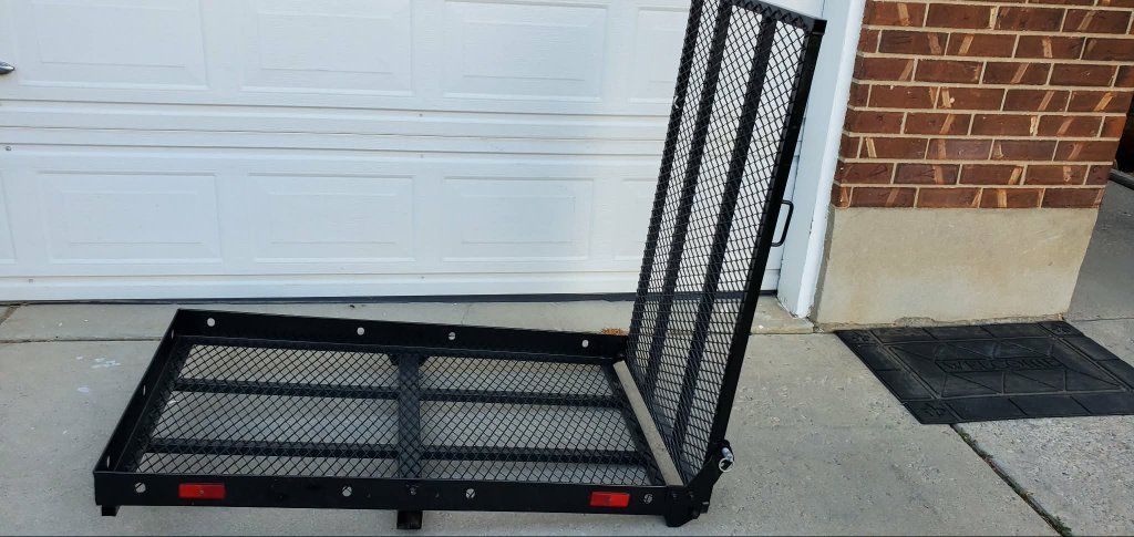 Hitch cargo carrier with ramp (foldable),great for wheelchair, lawnmower, scooter and much more