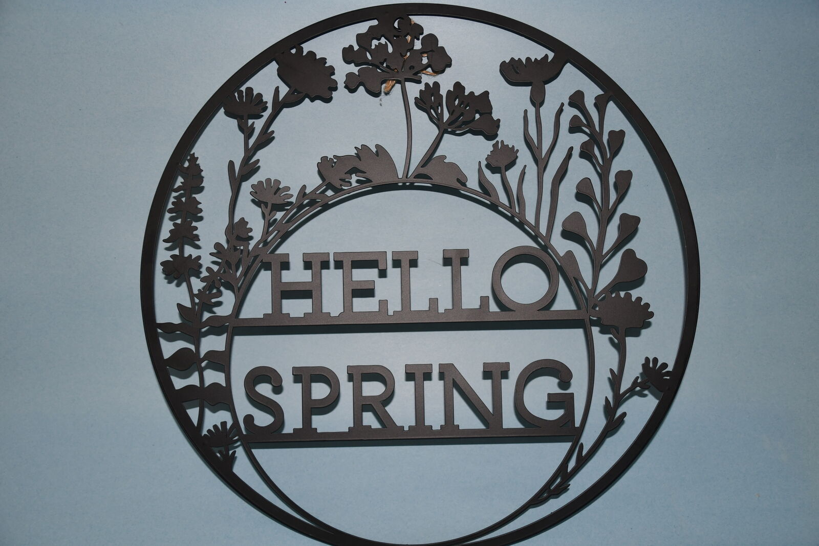 BLACK METAL "HELLO SPRING" WALL & DOOR HANGING ~ DIAMETER 16" ~ HANGER ~ VERY NICE!