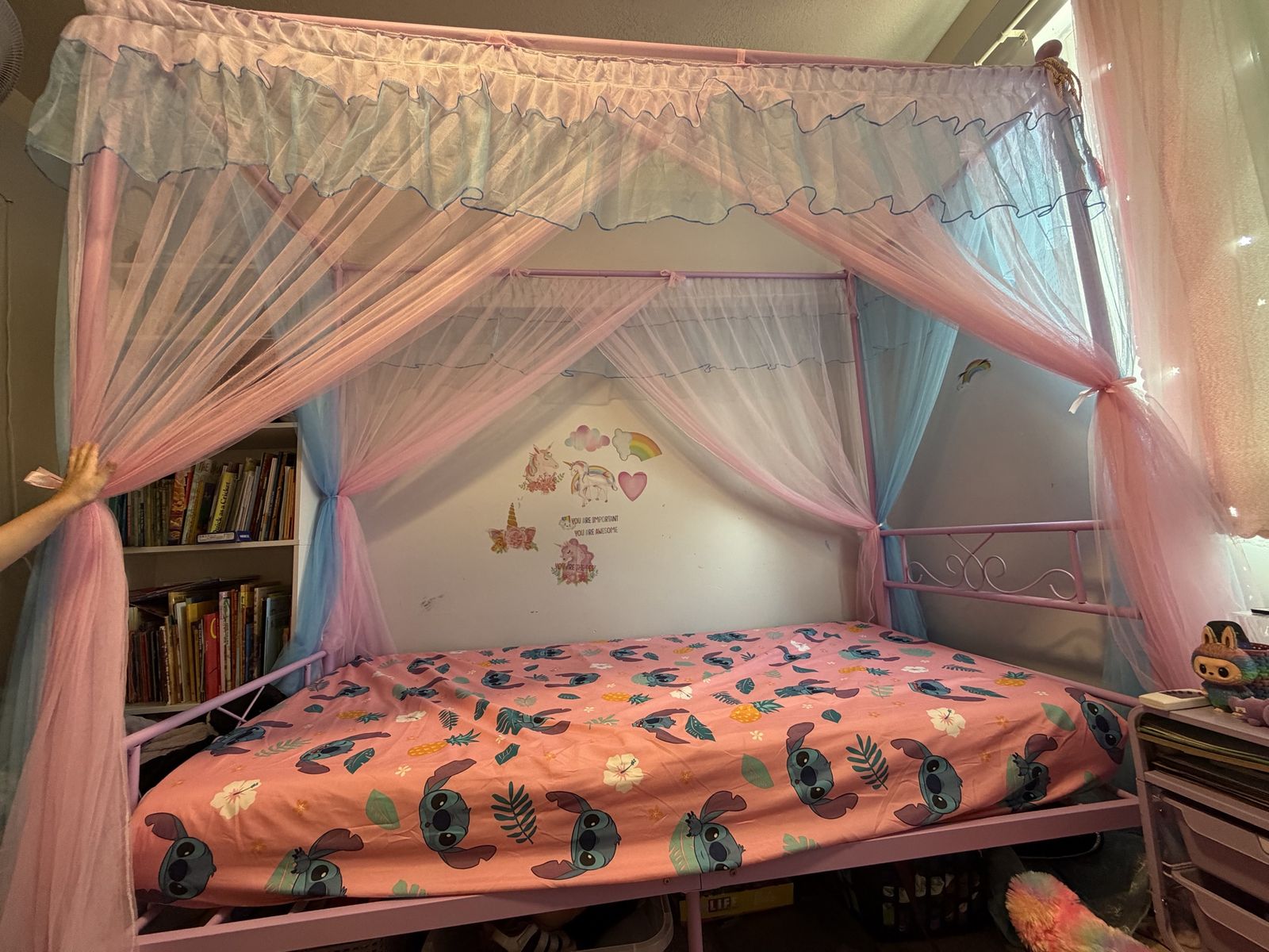 Pink Metal Canopy Bed Frame with Pink & Blue Sheer Curtains - twin Size