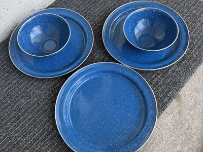 Blue Enamelware Camping Mess Kit Set - Plates and Bowls