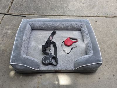 Dog Bed and retractable leashes and harness $20 for all