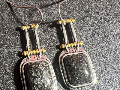Unique Black & Silver Toned Speckled Gemstone Dangle Earrings | Ornate Metalwork