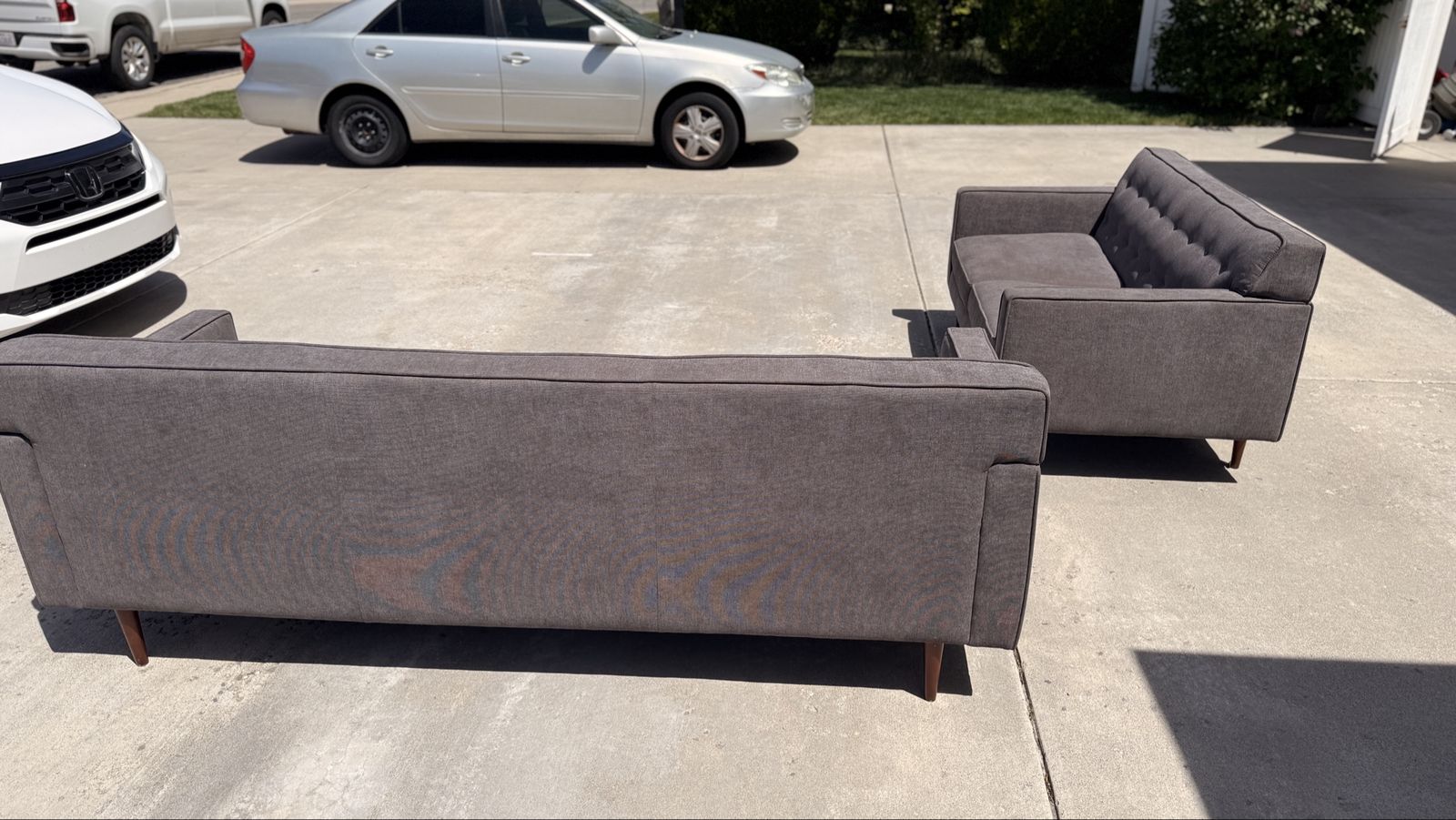 Modern Dark Gray Fabric Sofa and Loveseat Set with Wood Legs