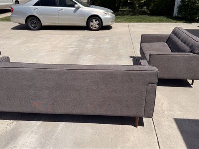 Modern Dark Gray Fabric Sofa and Loveseat Set with Wood Legs