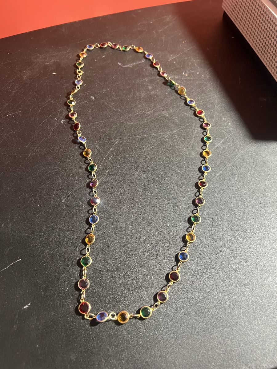 Colorful Multi-Gemstone Station Necklace Gold Tone, Approx 15" Long, Statement Piece