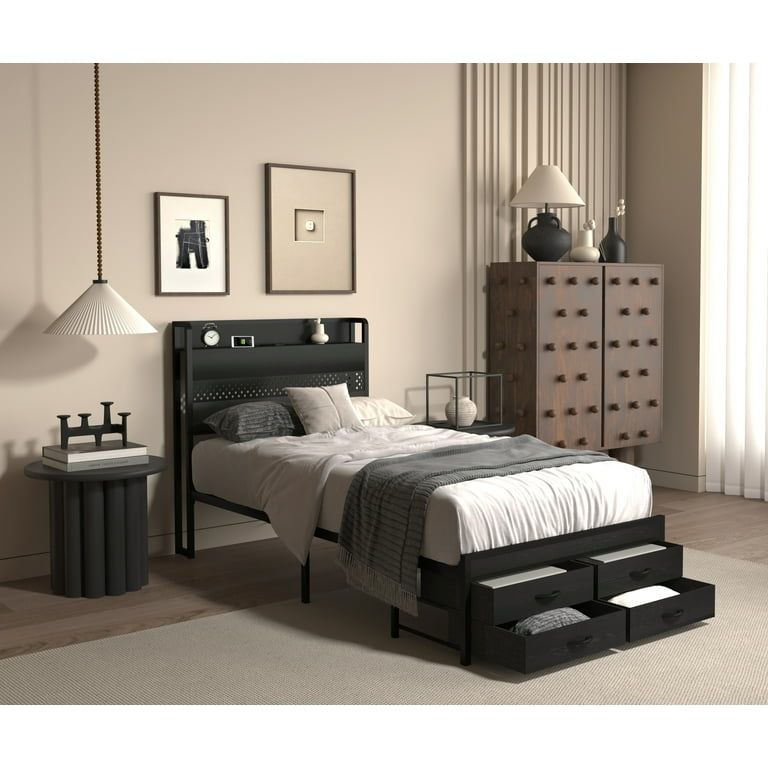 Twin Bed Frame with 4 Storage Drawers