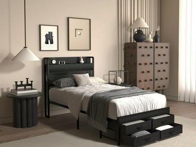 Twin Bed Frame with 4 Storage Drawers