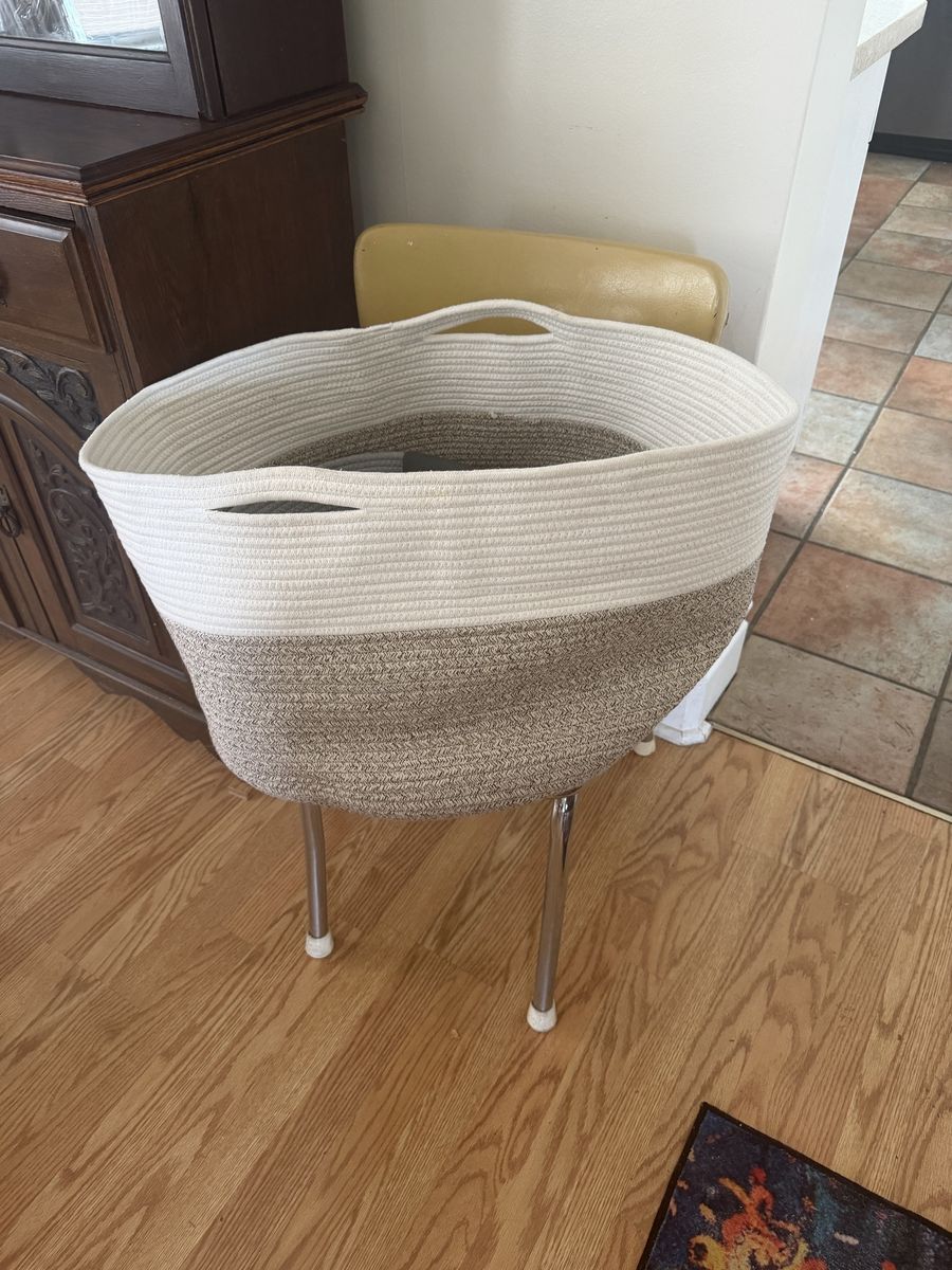 Large Woven Rope Storage Basket - White & Tan/Gray Ombre Hamper with Handles