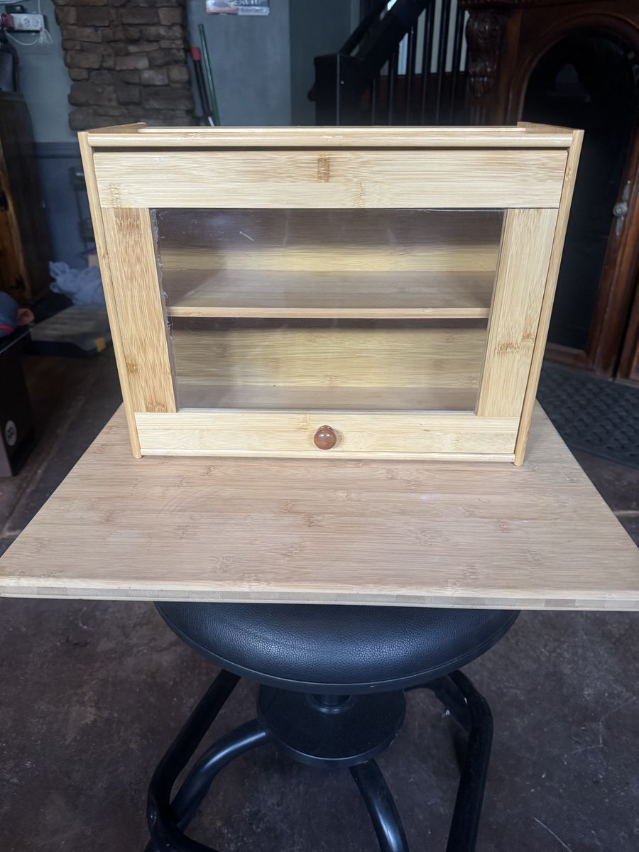 Bamboo Bread Box with Double Tier Shelves and Clear Front Window and Large Cutting Board