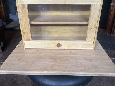Bamboo Bread Box with Double Tier Shelves and Clear Front Window and Large Cutting Board