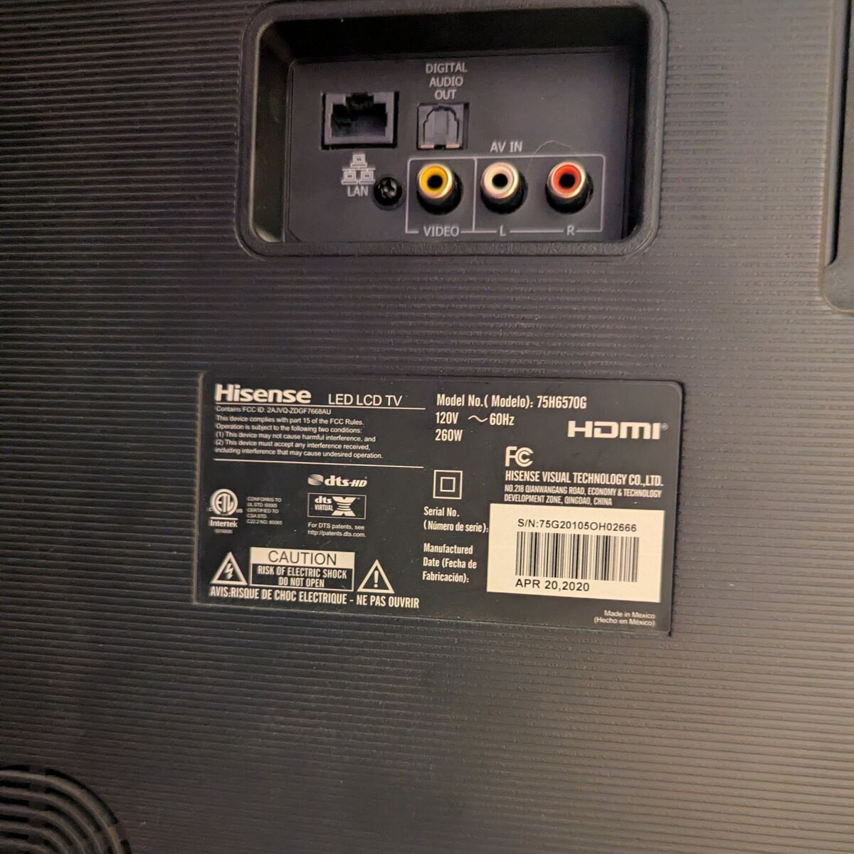 75" Hisense Tv-needs work