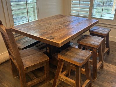 Dinning Table, End Chair, Bench and Three Bar Stools 24"