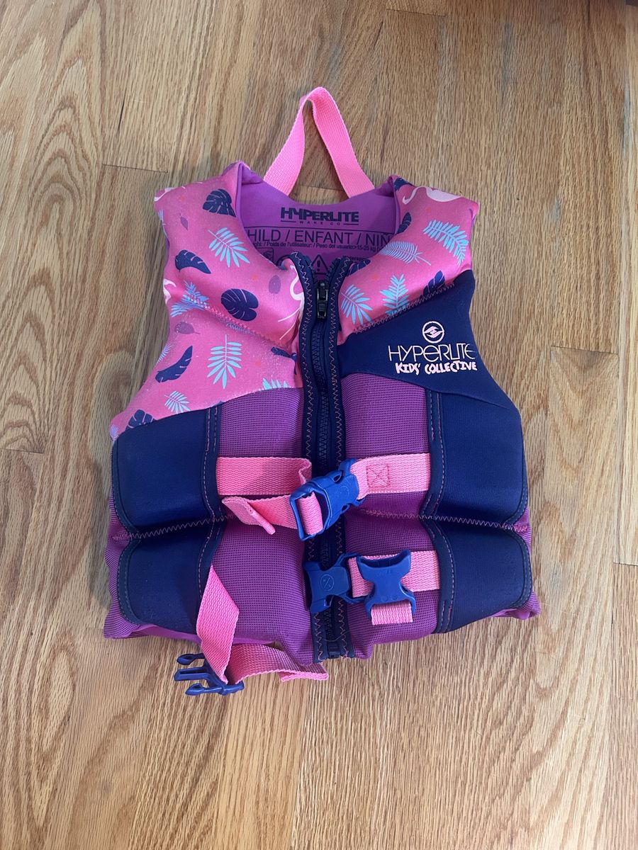 Hyperlite Kids Collective Child Life Vest PFD Pink Blue Flamingo Size 33-55 lbs