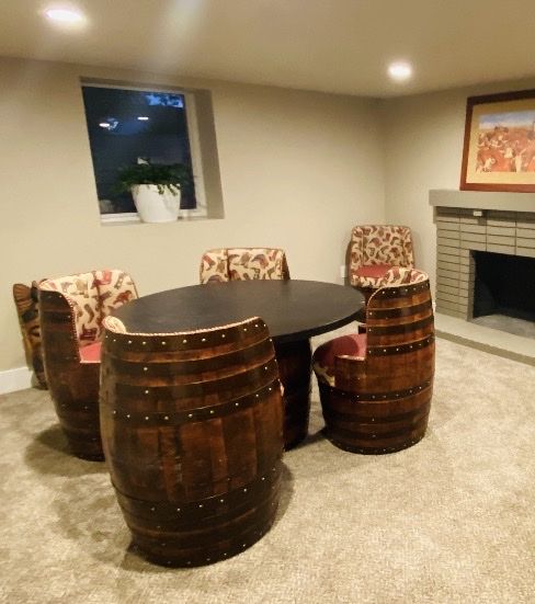 Vintage Whiskey Barrel Dining/Game Table Set with 6 Barrel Chairs (custom made at Jack Daniels Distillery)