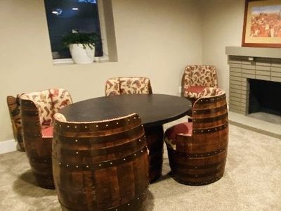 Vintage Whiskey Barrel Dining/Game Table Set with 6 Barrel Chairs (custom made at Jack Daniels Distillery)