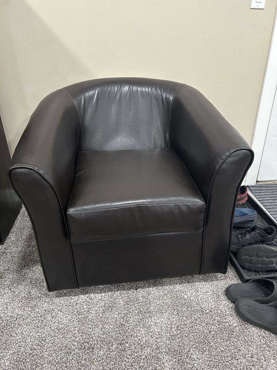 Compact Barrel Arm Chair - Dark Brown Faux Leather Upholstery - Sturdy & Comfortable Accent Chair