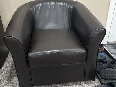 Compact Barrel Arm Chair - Dark Brown Faux Leather Upholstery - Sturdy & Comfortable Accent Chair