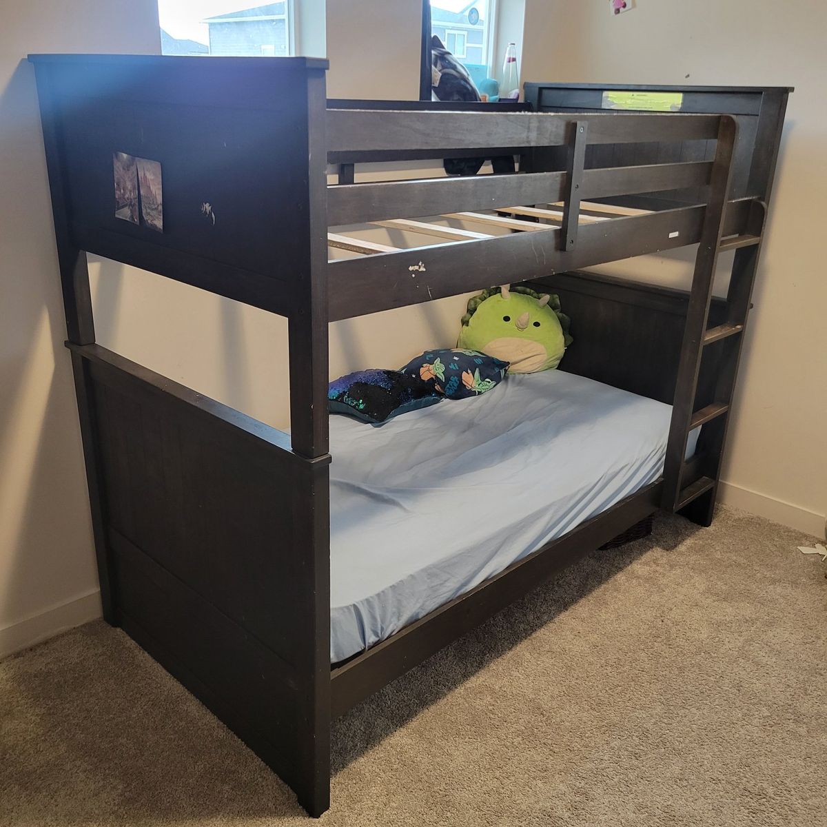 Dark Wood Twin over Twin Bunk Bed with Ladder and Safety Rails