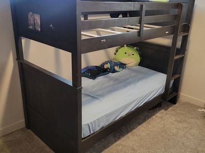Dark Wood Twin over Twin Bunk Bed with Ladder and Safety Rails