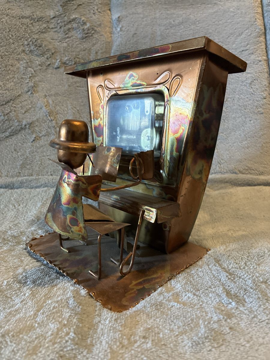 Handmade Copper Metal Sculpture Figurine Pianist Playing Piano Music Box