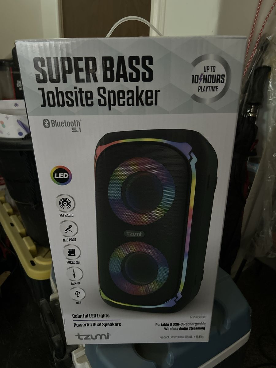 Tzumi Super Bass Jobsite Speaker Bluetooth 5.1 with LED, FM Radio, Mic Port, USB, AUX, Micro SD