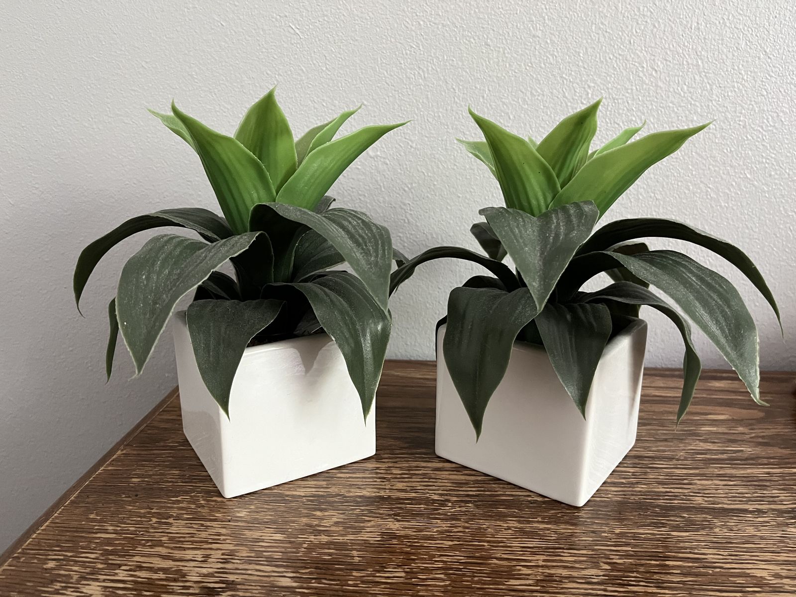 Pair of Small Artificial Green Plants in White Ceramic Planters - Home Decor