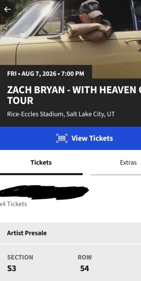 4x Zach Bryan Concert Tickets - Salt Lake City, UT - Aug 7, 2026 - Sec S3 Row 54