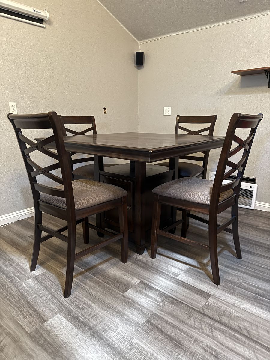 Bar Height Dining/Game Table Set with 4 Chairs & Storage - Dark Wood Finish