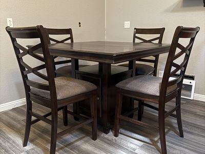 Bar Height Dining/Game Table Set with 4 Chairs & Storage - Dark Wood Finish