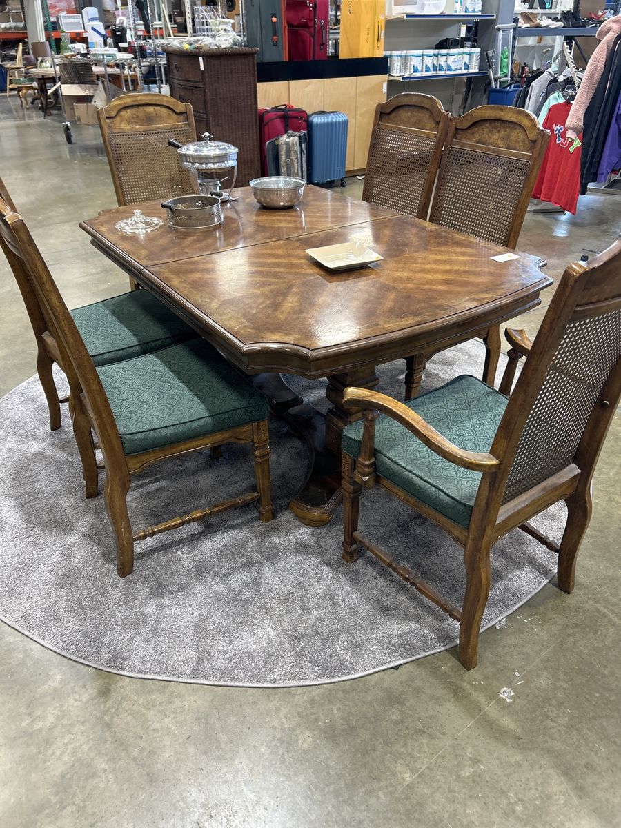 Vintage Wood Pedestal Dining Table with 6 Cane Back Chairs - Green Upholstery, Traditional Style