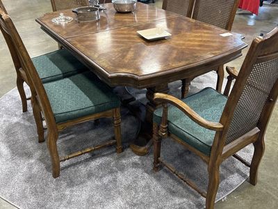 Vintage Wood Pedestal Dining Table with 6 Cane Back Chairs - Green Upholstery, Traditional Style