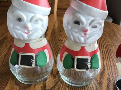 Vintage Glass Santa Claus Christmas Candy Jars 3 w Styrofoam Head Containers Mid Century