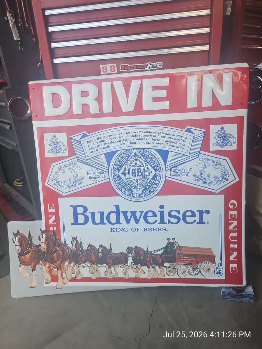 Vintage Budweiser "DRIVE IN" Metal Sign - King of Beers & Clydesdales 37" x 35"