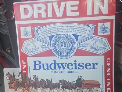 Vintage Budweiser "DRIVE IN" Metal Sign - King of Beers & Clydesdales 37" x 35"