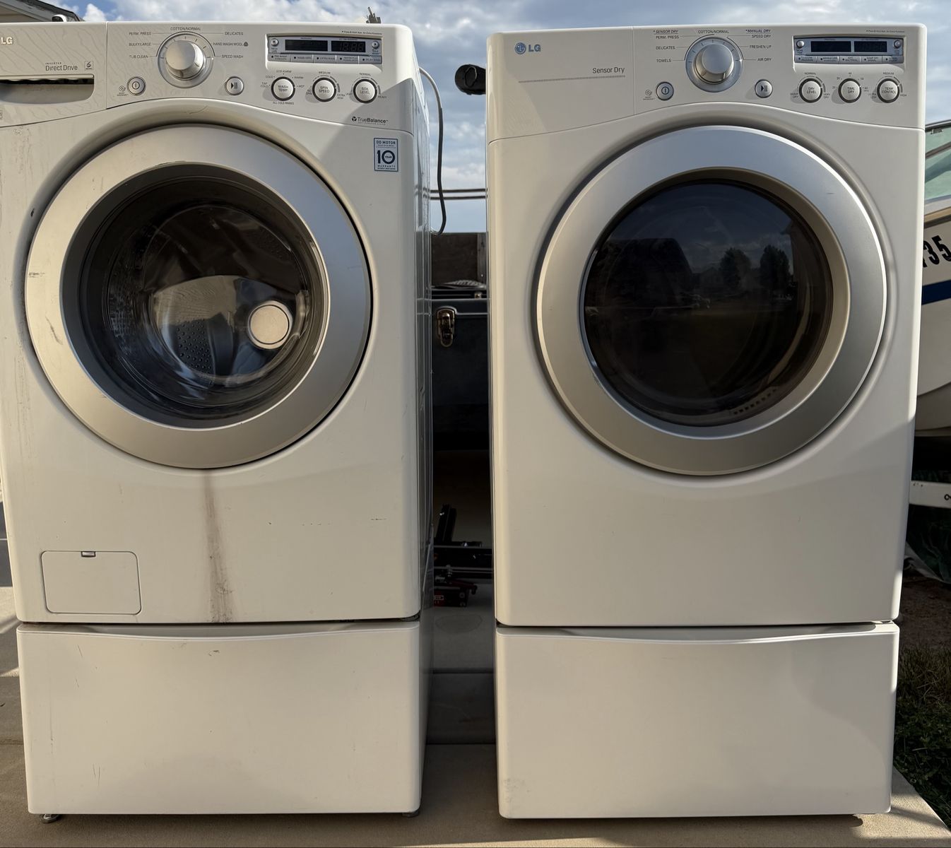 LG Front Load Washer and Electric Dryer Set with Pedestal Drawers - White