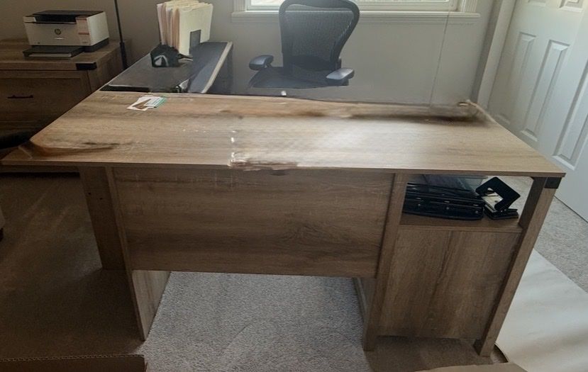 Rustic Oak L-Shaped Corner Computer Desk with Storage and Shelving, Some Cosmetic Damage