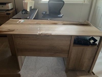 Rustic Oak L-Shaped Corner Computer Desk with Storage and Shelving, Some Cosmetic Damage