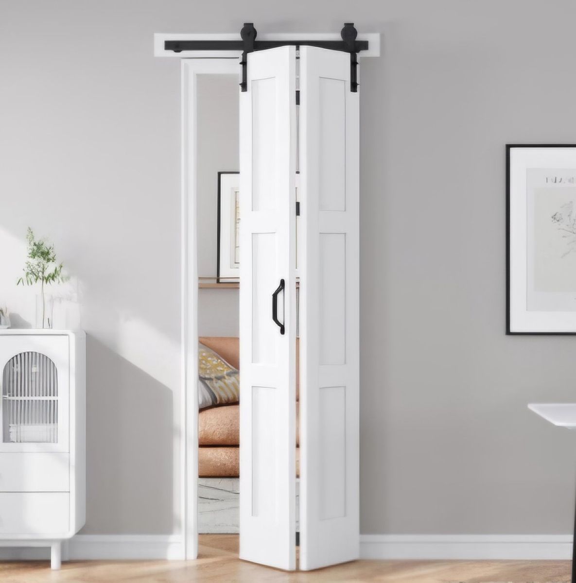 30X84(Double 15x84) White Bifold Barn Door Sliding Bi fold Doors Bi-fold Folding with 34" Hardware Kit & Handle,Solid MDF Door w