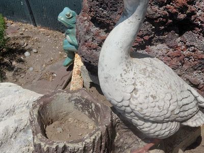 Large Concrete Goose Lawn Ornament with Faux Log Planter - Weathered Garden Decor