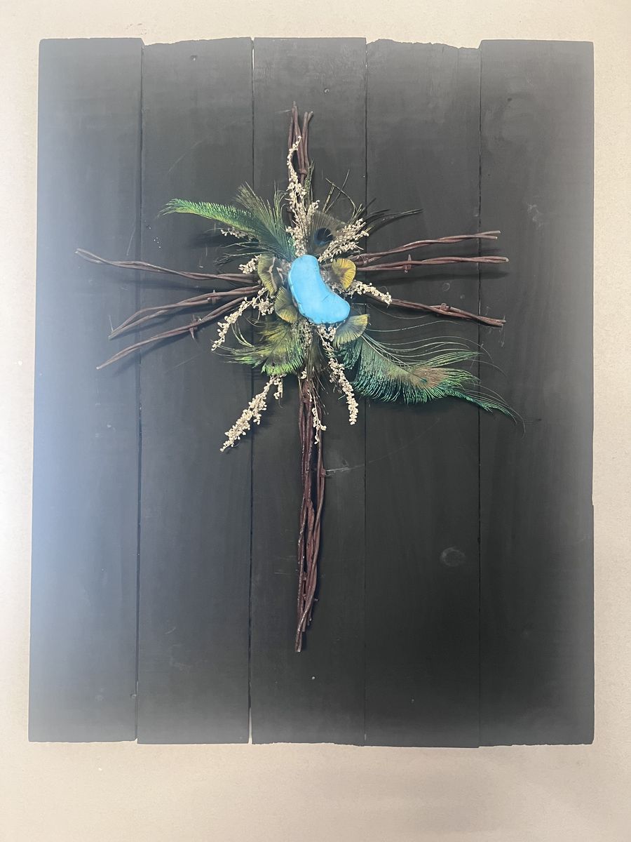 Rustic Barbed Wire & Peacock Feather Wall Cross with Turquoise Center