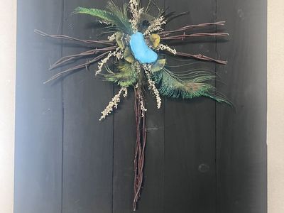Rustic Barbed Wire & Peacock Feather Wall Cross with Turquoise Center