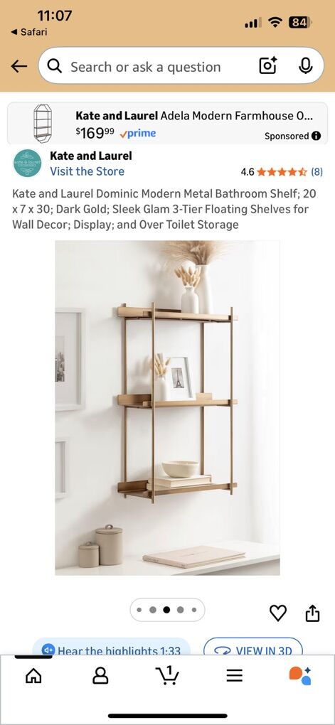 New Modern Gold Bathroom Shelf 20x30x7