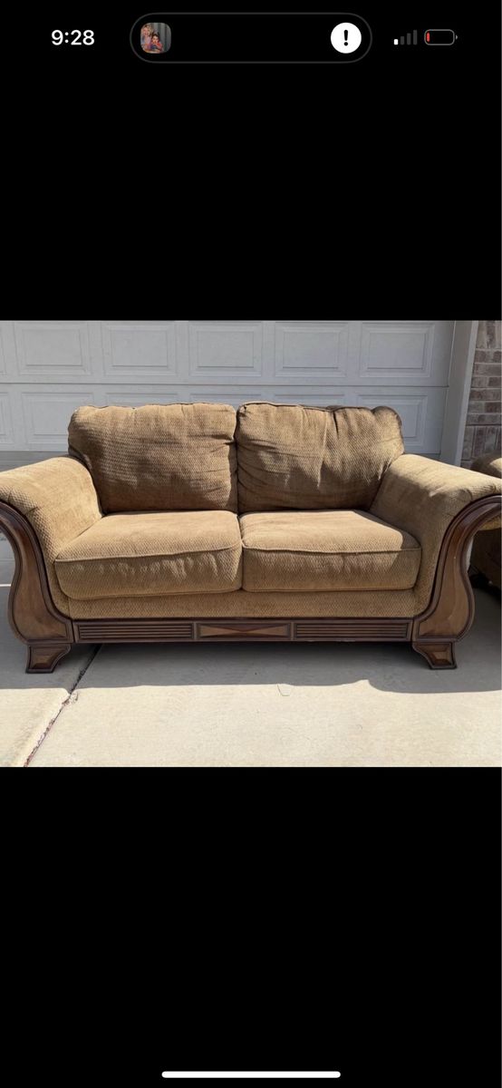 Brown Fabric Loveseat and Sofa Set with Wooden Trim